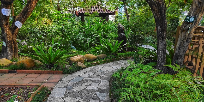 Walkways and lounges in the Hong Kong Zoological and Botanical Gardens, one of the top zoos in Hong Kong.