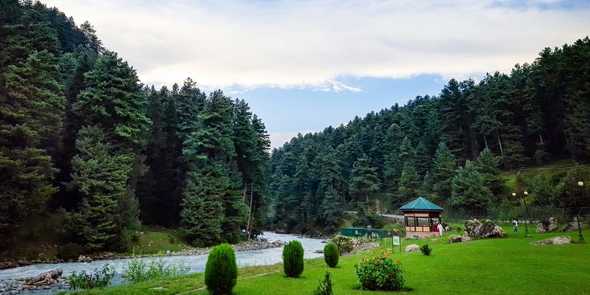 Landscape of a park with vibrant green grass and a river flowing between the mountains at Inderkilla National Park, one of the famous parks in Himachal Pradesh.
