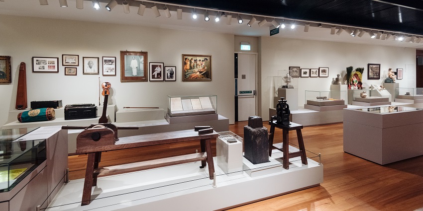 Interior view of the Indian Heritage Centre showcasing cultural exhibits and displays.
