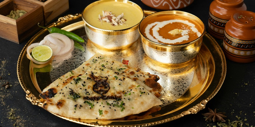 Indian thali with dal and naan served at Indian Pagoda restaurant.
