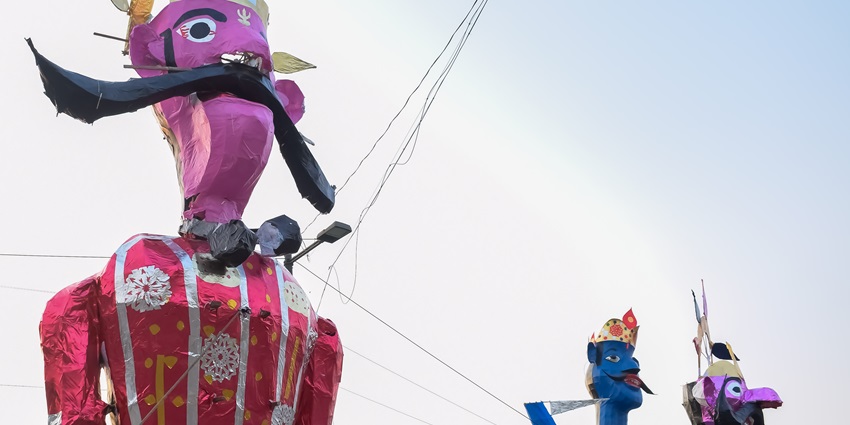 An effigy of Ravana is displayed during the daytime at Janakpuri Grounds for the Dussehra celebration in Delhi.