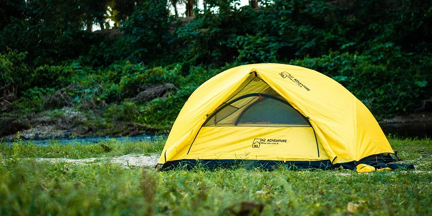 Camping tents surrounded by lush greenery at Jog Falls site, peaceful camping in Karnataka.