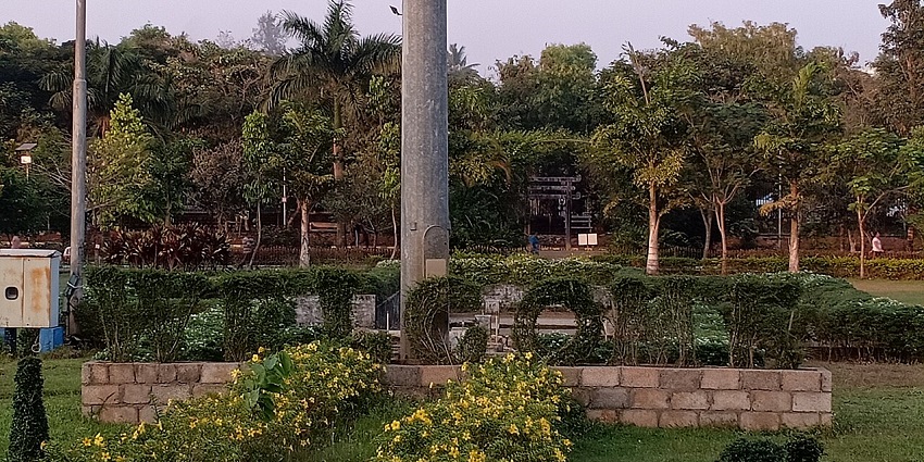 Entrance garden view with a welcome hedge, trees, and flowering plants at Kadri Park.
