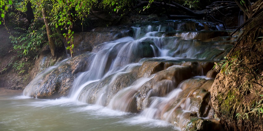 Thermal pools at Khlong Thom Hot Spring are surrounded by jungle, one of the popular hot springs in Thailand.