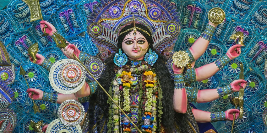 Intricately crafted Durga idol displayed during the Durga Puja festival celebrations.