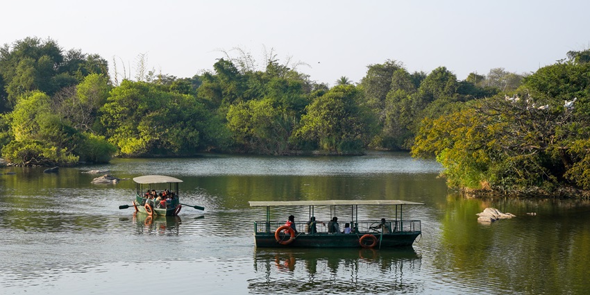 Kurumgad Island with boats on water and lush green trees covering the island.