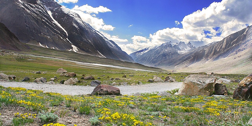 A panoramic shot of a deep valley with green fields, towering peaks, and flowers.
