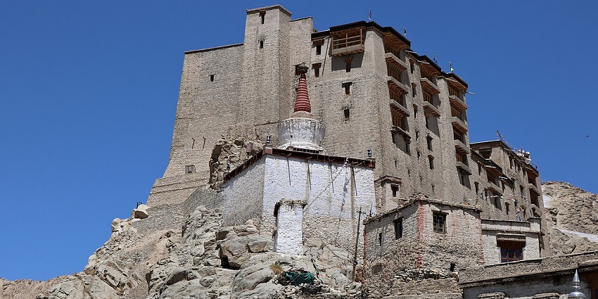 A view of the Leh Palace from the rooftop of the Central Asian Museum in Ladakh, India.