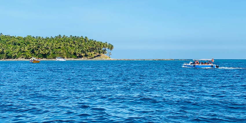 Rocky shoreline with clear waters and green forest on Long Island in the islands in the Andaman.
