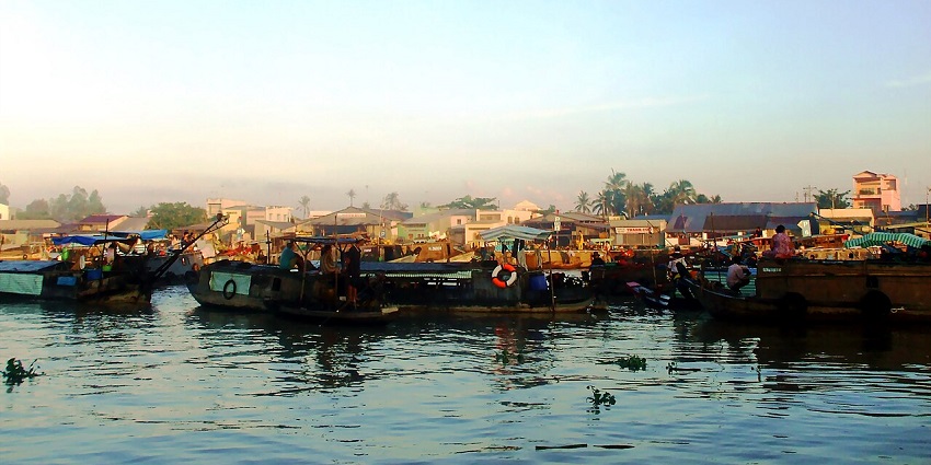 A view of many small boats on a river in front of a shore with houses and trees.
