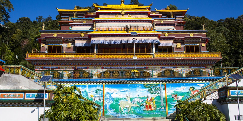 Exterior of Rumtek Monastery decorated for Losar Festival, showcasing festivals in Sikkim.