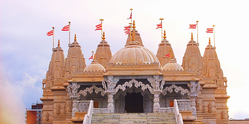 The exterior view of Bhootnath Temple showcasing its traditional architecture and serene surroundings.
