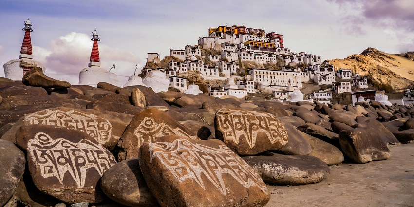 Exterior view of Mangyu Temple Complex showcasing traditional architecture in Ladakh.