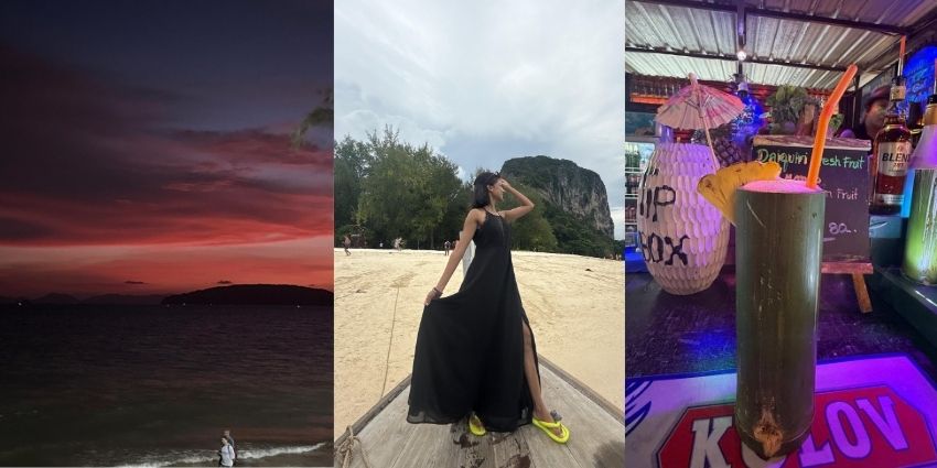 A beautiful landscape of a woman enjoying an amazing sunset on her trip to Thailand.