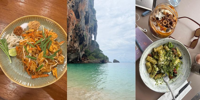 An amazing image of two plates served with delicious food with a water body in the middle.