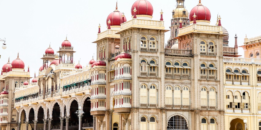 Daytime view of Mysuru Palace during Dasara celebrations, part of festivals in Karnataka.