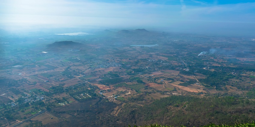 Beautiful view of Nandi Hills during trekking in Karnataka with lush green valleys.