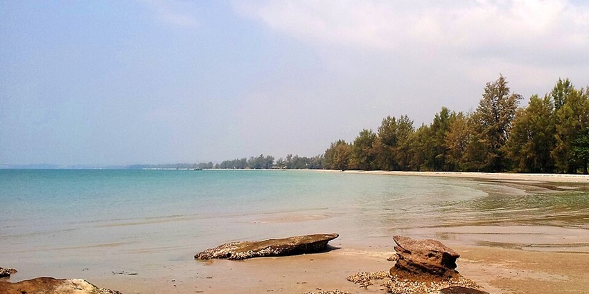 A view of Otres Beach in Sihanoukville with clear blue waters under sunlight on new year in Cambodia.