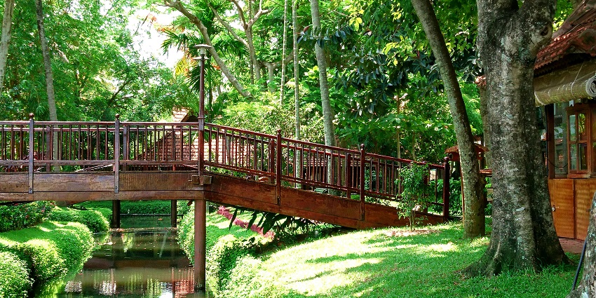 Brown bridge spanning over a calm river in Palakkad, Kerala.
