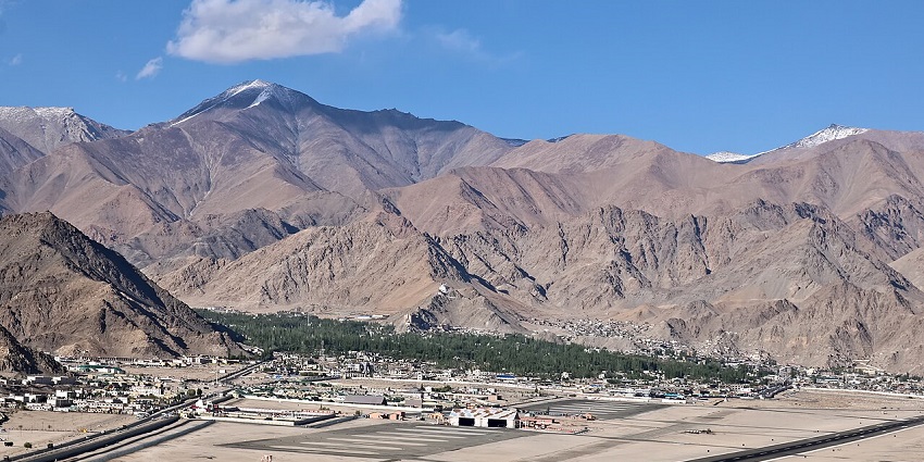 View of Leh valley with barren mountains, the location where the Paldan Lumo Temple stands.
