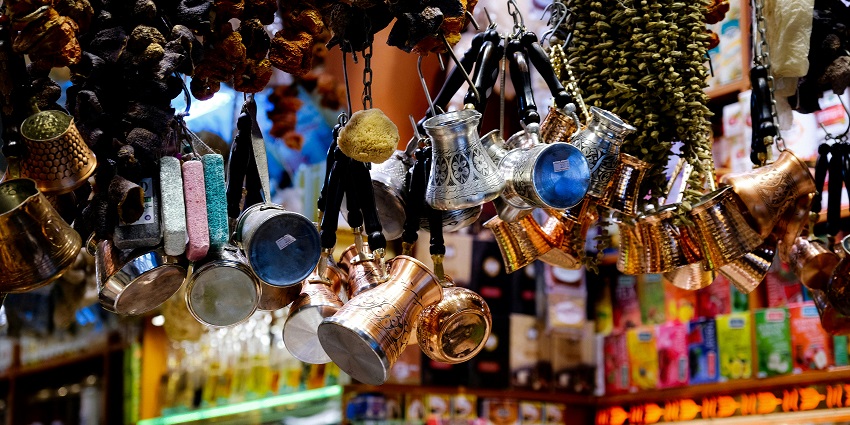 Handicraft souvenirs hanging on display at Pelling Handicraft Shops in Sikkim.