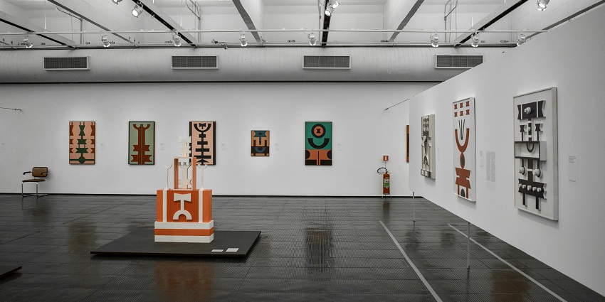 Interior of Pepper House with abstract paintings on the walls, one of the popular art galleries in Kerala.
