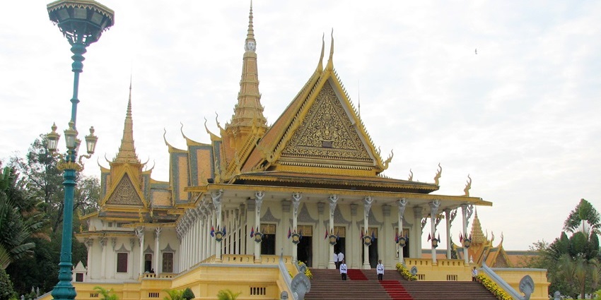 A view of the Royal Palace of Cambodia with gardens and pagoda tombs on new year in Cambodia.