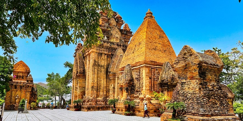 Po Nagar Cham Towers in Nha Trang, Vietnam, with red-brick temple structures and carvings, one of the temples in Vietnam.