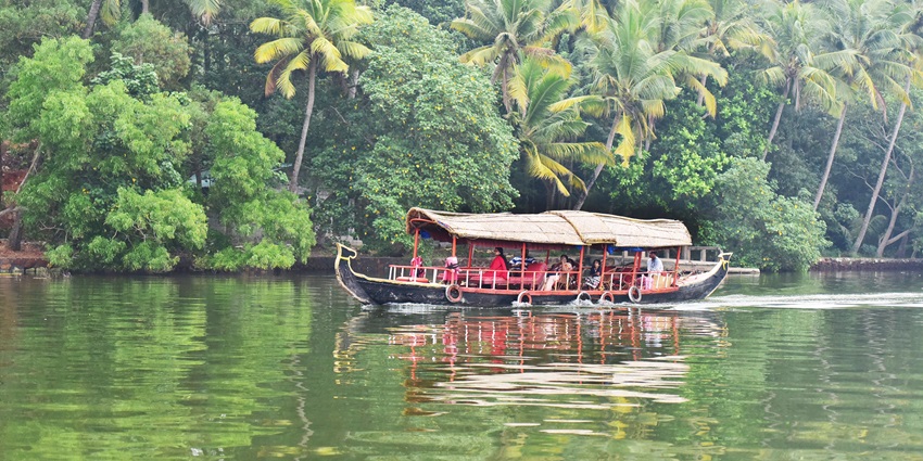 Scenic view of Poovar Backwaters with boats and lush greenery along the shore.