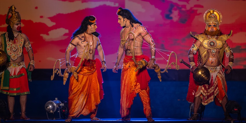 Actors performing Ramlila on stage during Dussehra celebration in India.