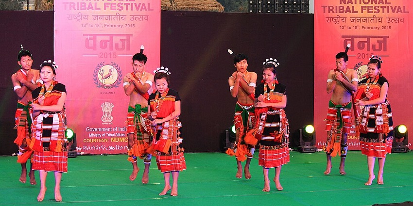 A group performs the Kabui Naga Dance at Sangai Festival, part of festivals in North East India.
