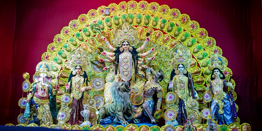 Decorated idol of Goddess Durga at Santosh Mitra Square Durga Puja pandal.
