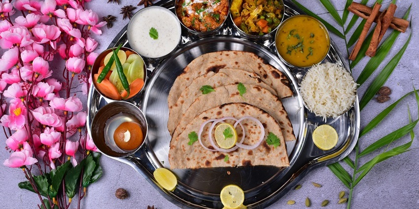 Indian platter with curries, rice & flatbread at Shahi Darbar, one of the restaurants in Fancy Bazar Guwahati.