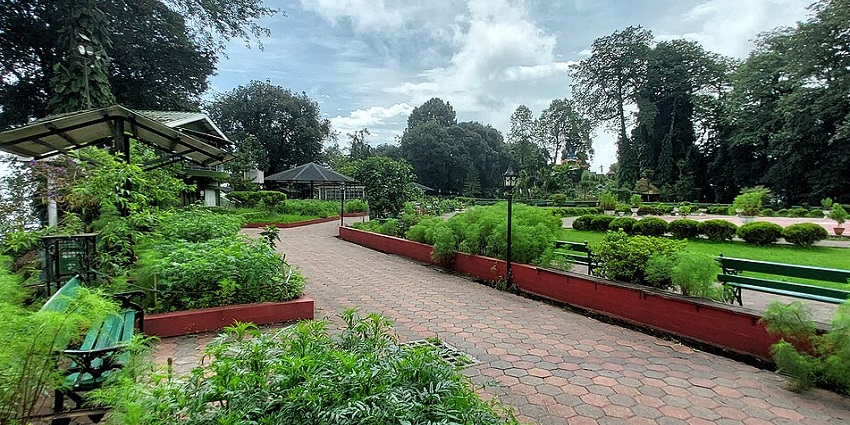Shrubbery Nightingale Park in Darjeeling with walking paths, lamps and greenery, one of the offbeat places in Darjeeling.