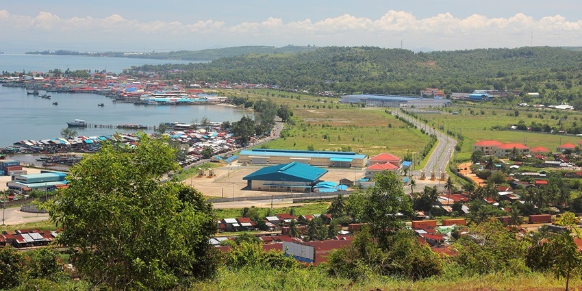 An aerial view of Sihanoukville Autonomous Port with cargo ships during new year in Cambodia.
