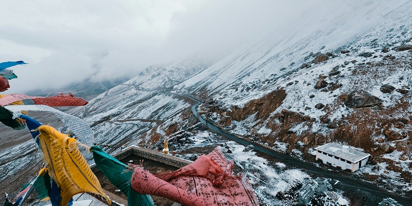 Farming fields near Kibber village in Spiti Valley with the Parbati mountains in view.
