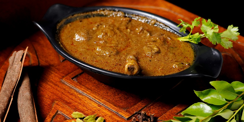 Spicy mutton curry served hot at Sri Veeras Curry, one of the famous south indian restaurants in Singapore.
