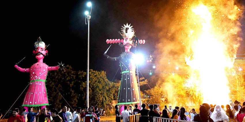The Ravana effigy burns brightly during the Dussehra celebration in Delhi at Subhash Maidan.