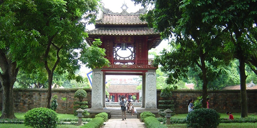 Temple of Literature in Hanoi with stone paths, courtyards, and tiled rooftops.