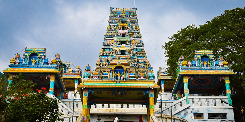 Beautiful Marudhamalai Murugan Temple gopuram decorated during Thaipusam festival.
