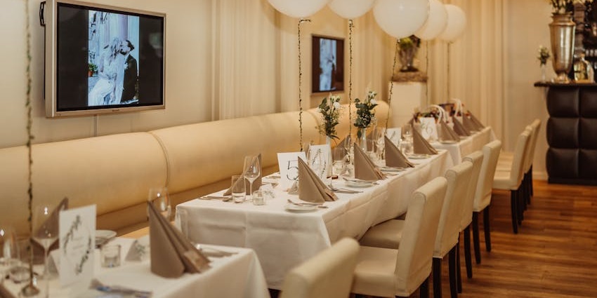 The Republic Grille restaurant with white balloons and table decorations, one of the famous restaurants in Woodlands.