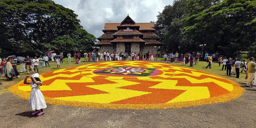 Beautiful Athapookkalam flower rangoli at Vadakkunnathan Temple during the harvest festival of Kerala.
