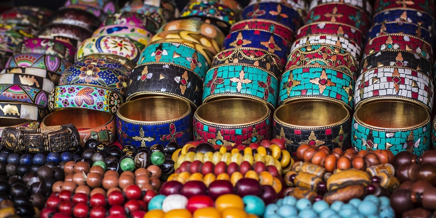 Bright, colorful Tibetan traditional bracelets at the Tibetan Market for shopping in Ladakh.
