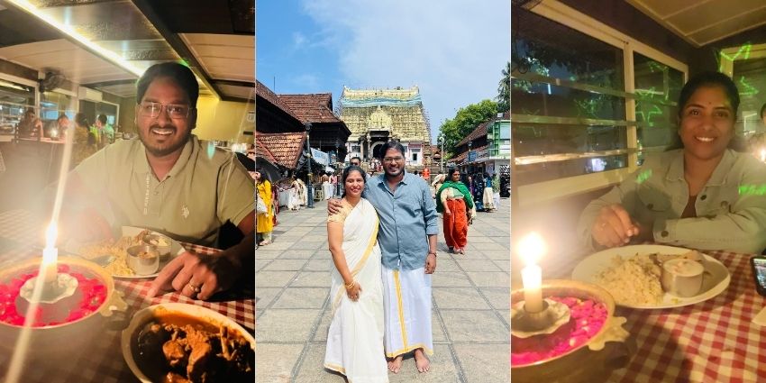 A collage of a couple posing in a traditional houseboat enjoying a delicious meal.