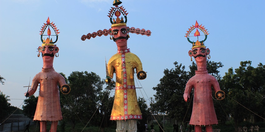 Tall, detailed effigy of Ravan representing Dussehra celebrations in India.