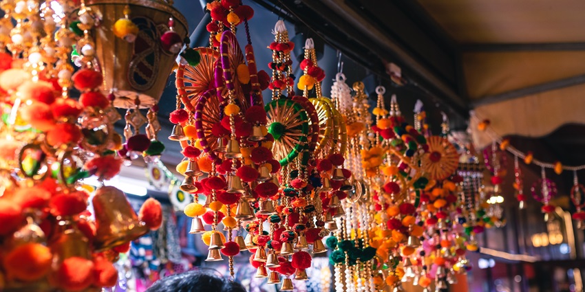 Diwali decorations at a shop in Ayodhya with colorful lights and festive decor.