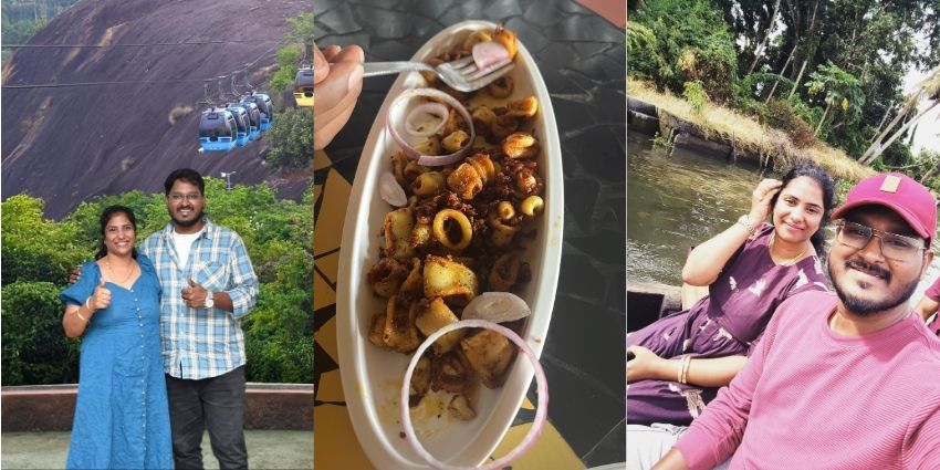 A view of a couple enjoying their amazing trip to Kerala with a plate in the middle.