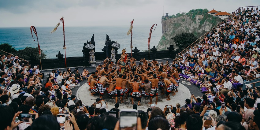 Traditional Kecak dance performance during Tumpek Uduh at festivals in Bali.