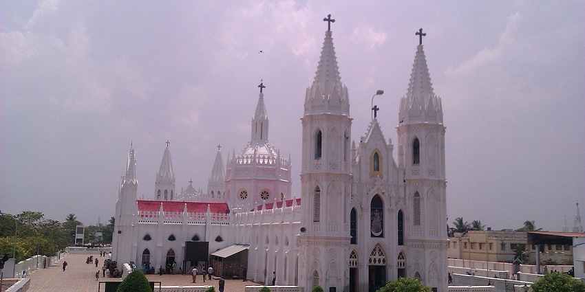 A wide view of the Basilica of Our Lady of Good Health in Velankani, Tamil Nadu.