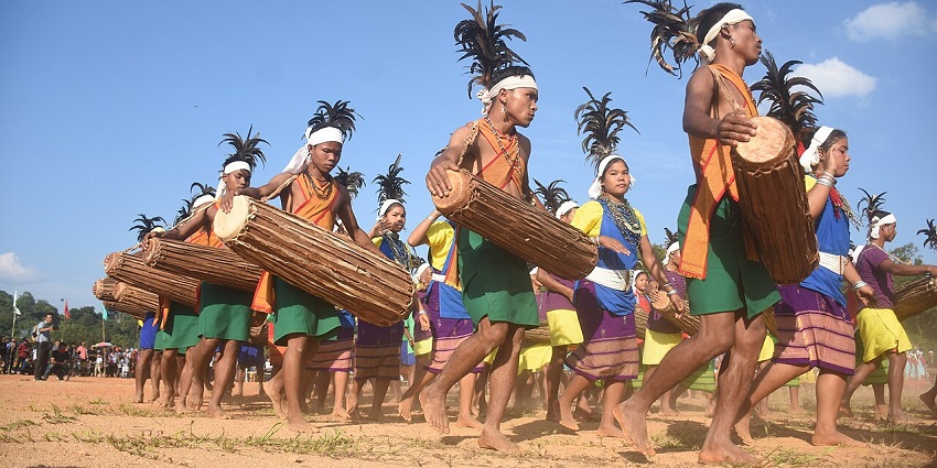 Garo Tribe of Meghalaya dance during Wangala Festival celebrations, festivals in North East India.
